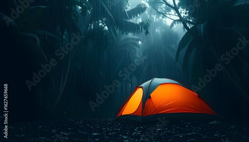 Fototapeta Naklejka Na Ścianę i Meble -  Luminous orange tent glows within a dark, misty, tropical rainforest.