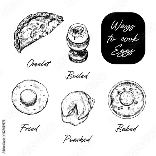 Ways to cook eggs infographic - boiled, fried, baked, poached eggs, omelet. A set of methods for preparing egg dishes. Hand-drawn sketch outline illustrations, vector line art drawings