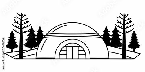 A geodesic dome structure with trees around it in a black and white minimalist line art style drawing