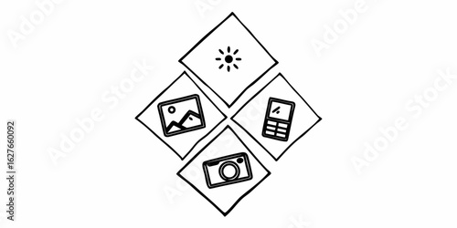 Four diamond shapes with sun, landscape picture, camera and phone icons in black and white style