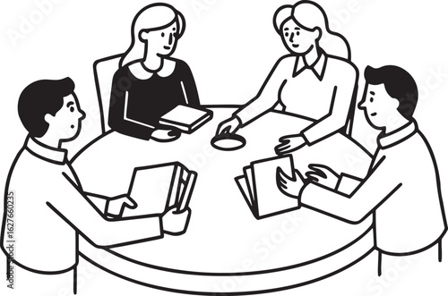 Four people in a meeting around a round table discussing documents discussion collaboration