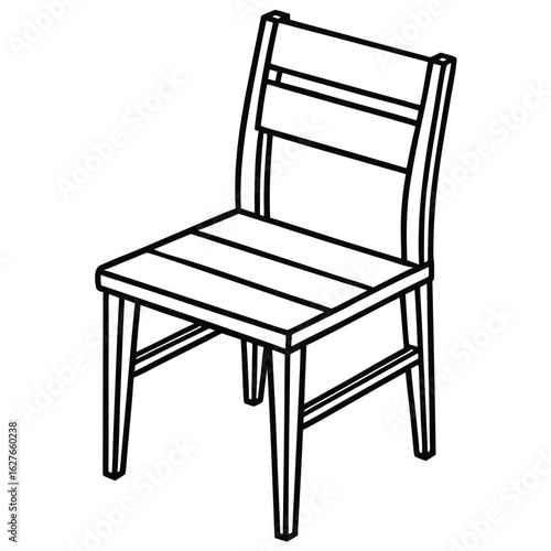 Outlined illustration of a wooden chair featuring a slatted seat and back detail