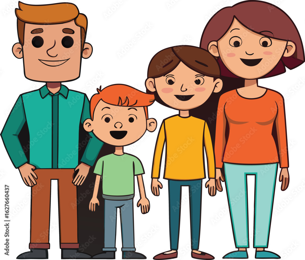 happy cartoon family with parents and two children vector illustration happy cartoon family with parents and two children vector illustration
