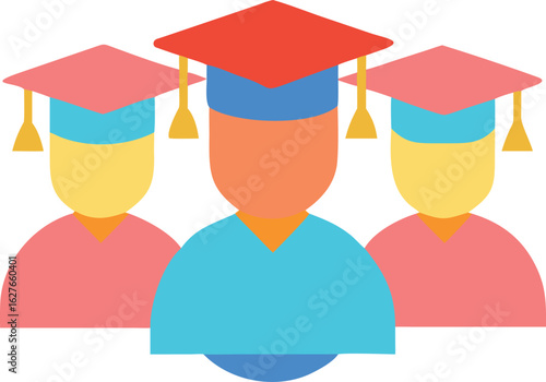 Three students wear graduation caps with colorful outfits on a transparent background