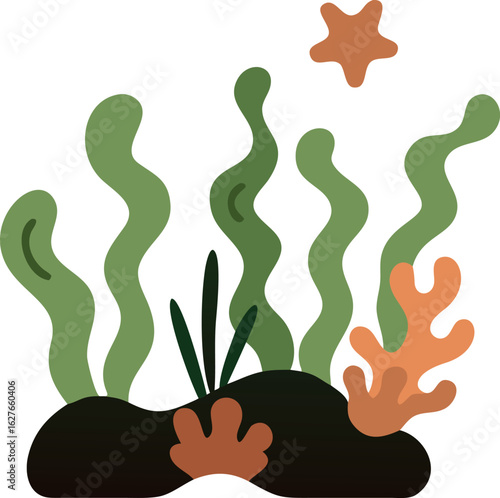 Simple stylized undersea nature shows seaweed, coral, starfish against white background