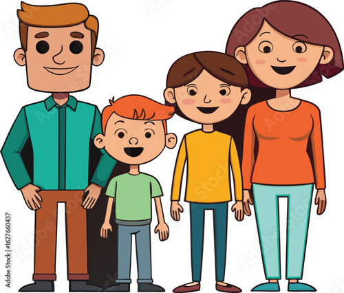 happy cartoon family with parents and two children vector illustration
