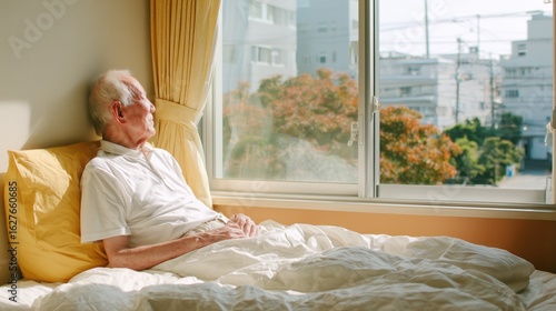 Wallpaper Mural Elderly man lies in bed bathed in sunlight, gazing thoughtfully out the window at trees and buildings, evoking themes of reflection, aging, care, and peaceful moments in a bright room. Torontodigital.ca