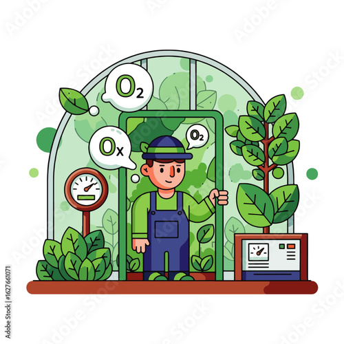 A cheerful gardener tending plants in a modern greenhouse, monitoring oxygen levels.