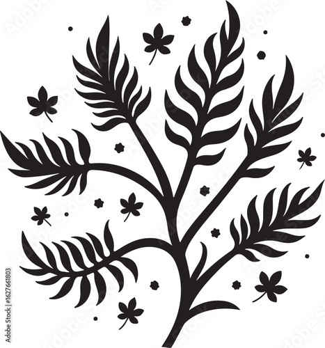Elegant black flora design with delicate leaves and blossoms