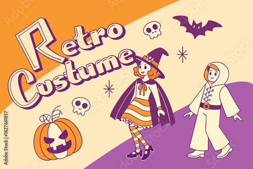 Retro halloween costume party featuring a witch, ghost, pumpkin, skulls, and bat on a colorful background