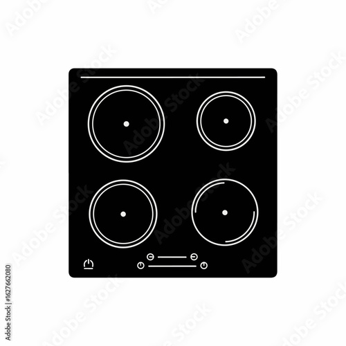 Induction stove in simple black design on white surface. Depicting induction stove for modern kitchen, flat lay style. Induction stove for home appliance ads.