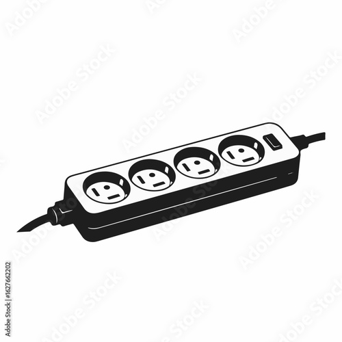 Power strip shows sockets on white background. This Power strip details multiple electric outlets and wire, perfect for various appliances and electronic devices. Power strip for home appliances.