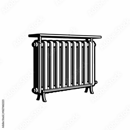 Classic radiator heating system for home. Radiator with vertical columns and decorative top. Detailed radiator design for home improvement guides or appliance catalogs.