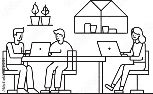 Three people working on laptops at a table in a coworking space office