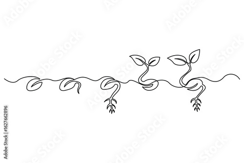 Continuous one line drawing of the step by step process of a plant growing from seed to sprout in doodle style
