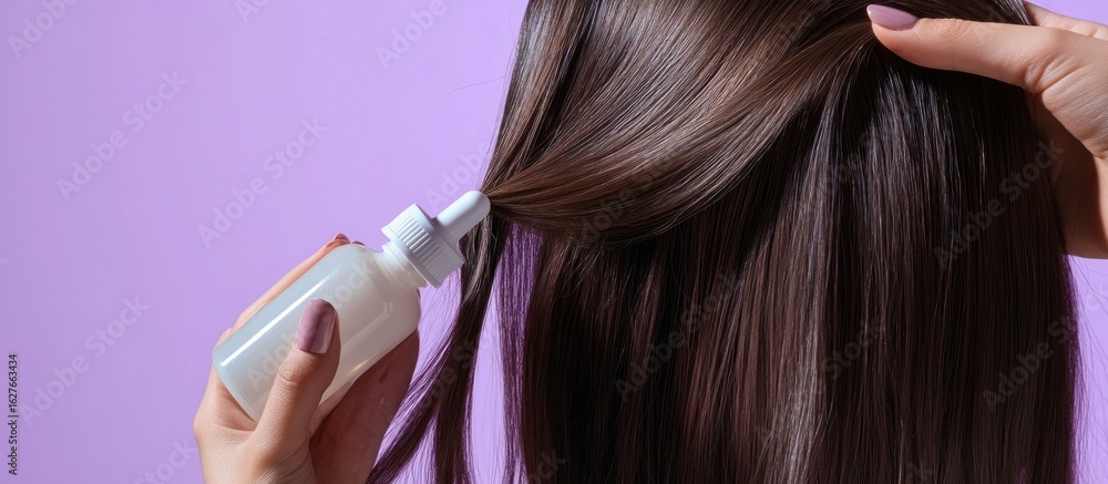 Fototapeta premium Hair Care Treatment, Woman Applying Serum to Long, Shiny Brown Hair