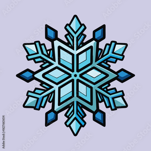 Stylized Cartoon Snowflake Illustration with Black Outline and Varied Blue Hues