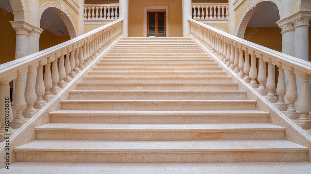 Obraz premium Ornate Grand Staircase in Historic Landmark Building Showcasing Stunning Architecture and Symmetrical Design with Arched Entrances and Elegant Columns