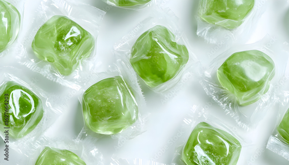 Obraz premium Green candy wrapped in transparent plastic wrapper