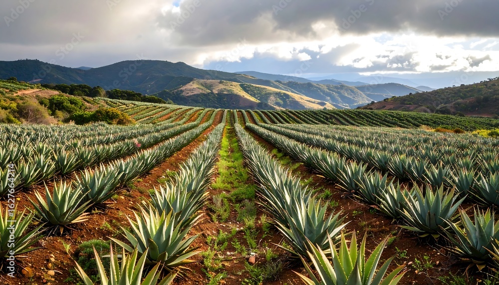 Fototapeta premium Agave Field Landscape with Mountains Under Cloudy Sky