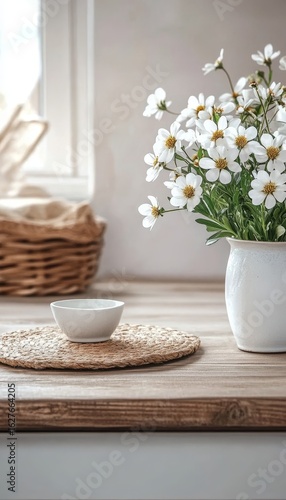 Wallpaper Mural Serene and Inviting Kitchen Still Life Delicate White Flowers in Wicker Basket with Breakfast Scene Torontodigital.ca