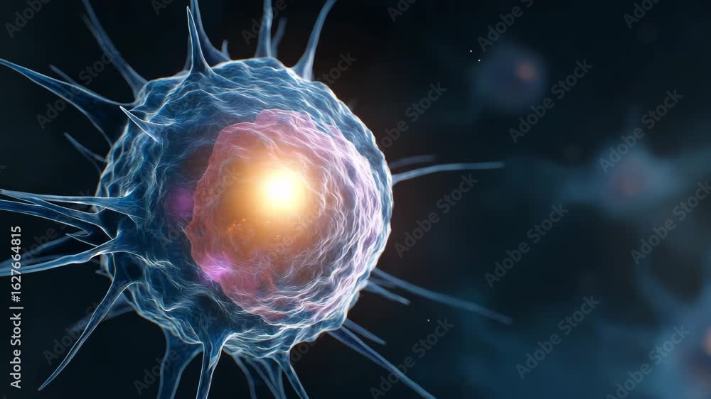 Blue and pink cell with a yellow center. a blue and purple background ...