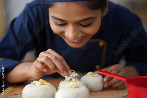 Smiling female chef meticulously decorating delicious Indian sweets with almonds and silver foil.