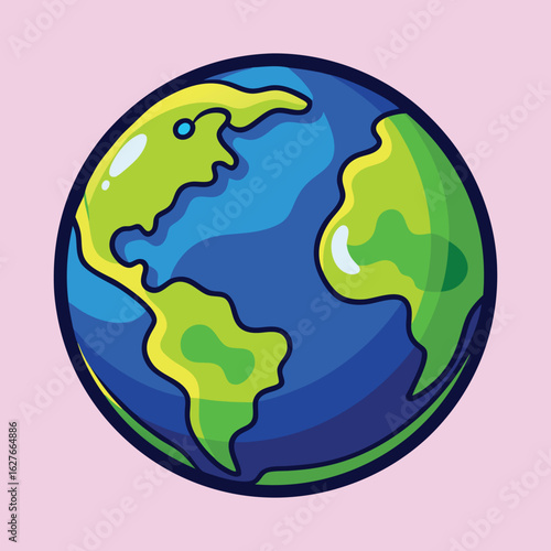 Cartoon image of planet Earth with green land and blue water