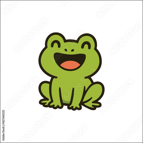 Cute happy cartoon frog character smiling. Cheerful amphibian vector graphic illustration.