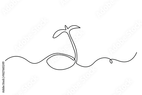 Continuous one line drawing of the step by step process of a plant growing from seed to sprout in doodle style
