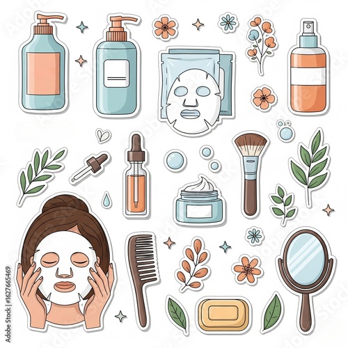 Cosmetic products stickers set. Woman skincare and hygiene scrapbooking collection. Shampoo, sheet mask, spf spray, serum, brush and other beauty elements. Modern cartoon concept. Vector illustration.