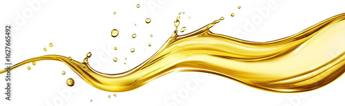 Stream of yellow glossy oil splash, isolated on transparent cutout background
