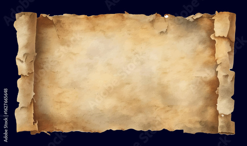 Antique old paper texture with burnt edges and vintage scroll style evokes nostalgic and historical feeling