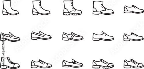 Fifteen Black Outline Icons of Various Footwear Styles on White Background shoe boot