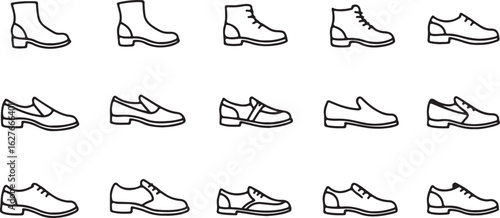Fifteen Black Outline Shoe Icons Featuring Boots Loafers and Oxfords on White footwear ankle boot