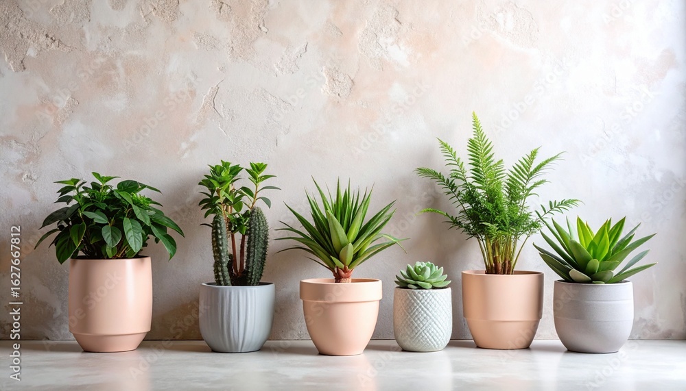 Fototapeta premium Pastel plant arrangement against a textured wall. Soft, elegant, and minimal, perfect for interior design, lifestyle, and botanical projects.