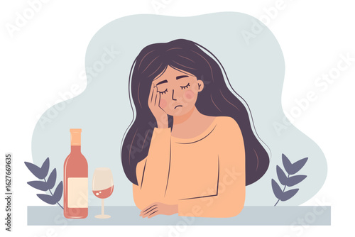 Sad woman sits at table with bottle and glass of wine. Alcohol abuse depression problem of female. Social problem, abuse, addiction
