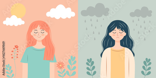 Happy and depressed women. One woman is happy on a sunny clear day, another is sad on a gloomy rainy day Positive and negative, optimism and pessimism. Cartoon flat vector illustration