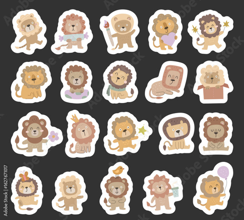 Lion character set in scandinavian style with different poses, adorable feline mane tail, charming cute animals perfect for decoration illustrations and creative design projects