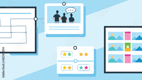 Wall display with flowchart group chat star ratings and gallery showing different presentation slides