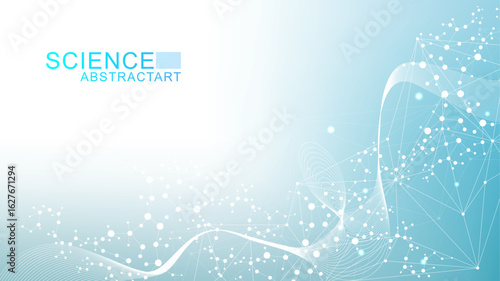 Modern abstract molecules structure for science or medical background. DNA helix or atom visualization. Molecular wave flow abstract background. Vector illustration