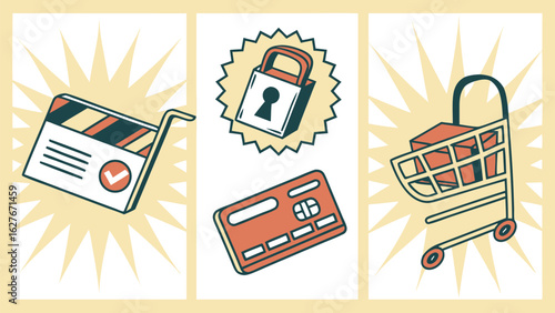 Illustration showcasing secure online shopping with a credit card, padlock, and shopping cart icons arranged nicely