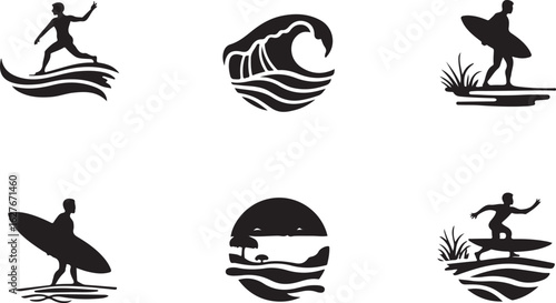 Dynamic surfers ride ocean waves in these stylish silhouette icons