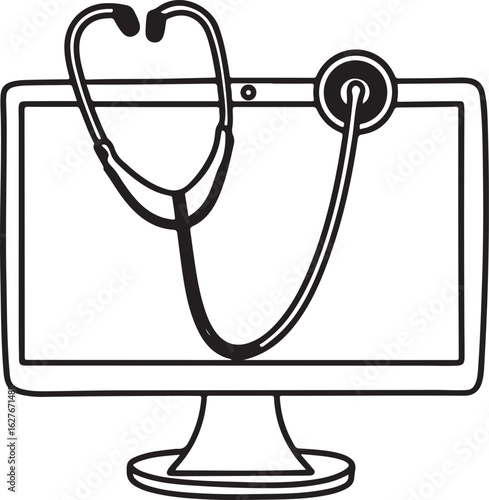Digital health checkup a stethoscope examines a computer monitor symbolizing technology s role in modern healthcare diagnostics and analysis