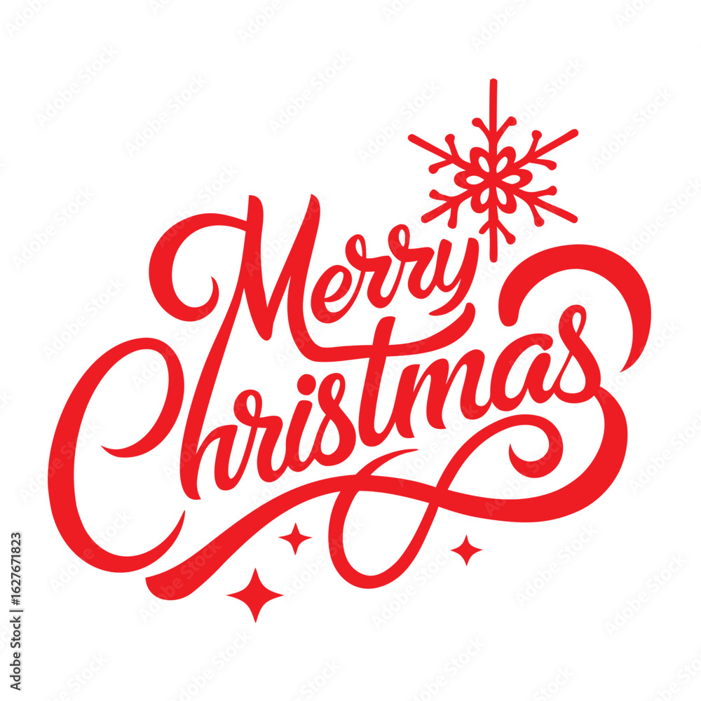Obraz premium Festive Merry Christmas Red Calligraphy with Snowflake and Stars Illustration