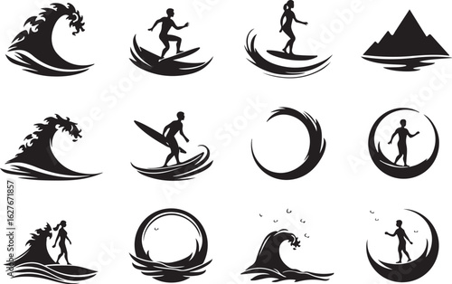 Dynamic surf icons capture ocean adventure and active lifestyle