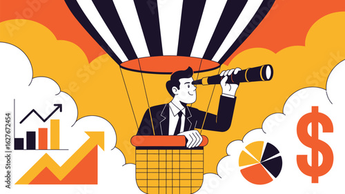 Strategic Businessman in Hot Air Balloon Featuring Financial Growth and Opportunity