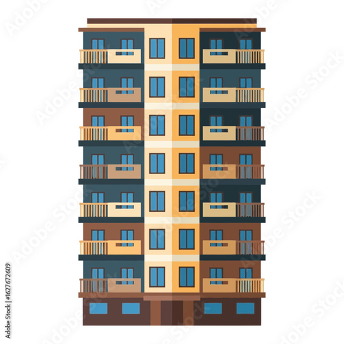 Tall apartment building with balconies and many windows on a white background.