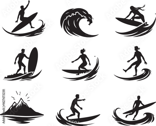 Dynamic surfers ride waves, capturing ocean adventure and extreme sport thrill