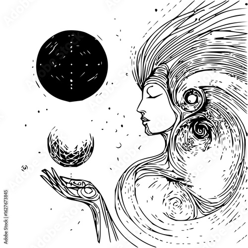 Illustration of a woman with flowing hair holding a sphere beneath a dark celestial body in black and white